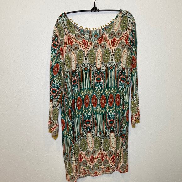 Boutique Unbranded Boho Midi Tunic Shift Dress EUC Sz M Retro Print V-Neck - Picture 1 of 10